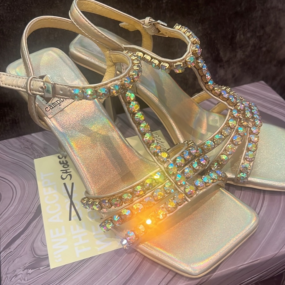 New Jeffrey Campbell Iridescent Gold Rhinestone T-Strap Heeled Sandals, JWL Sz 6